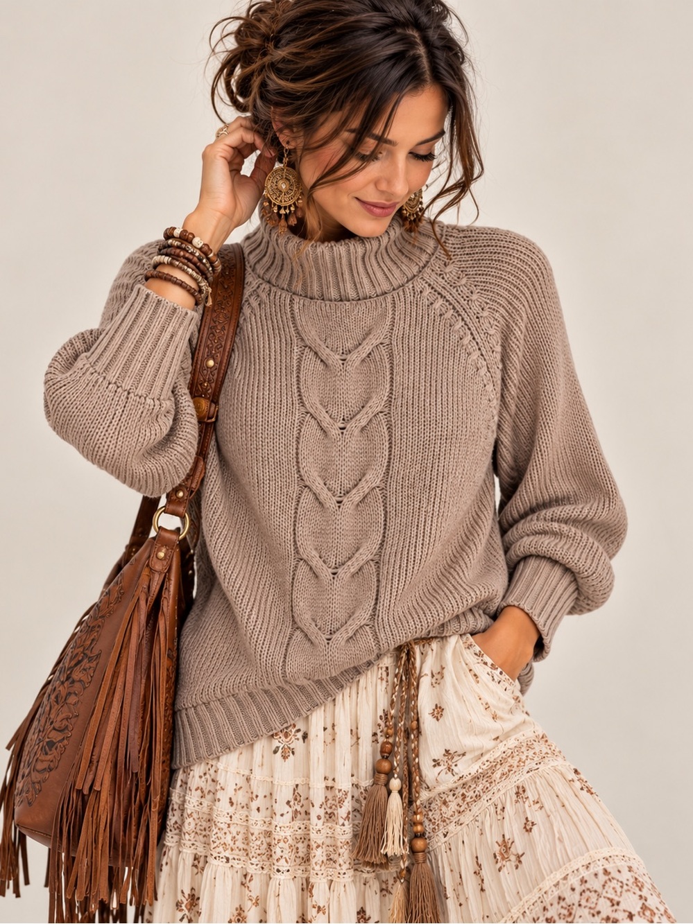 Nanette Lepore XS Taupe Cable-Front Mock Neck Sweater